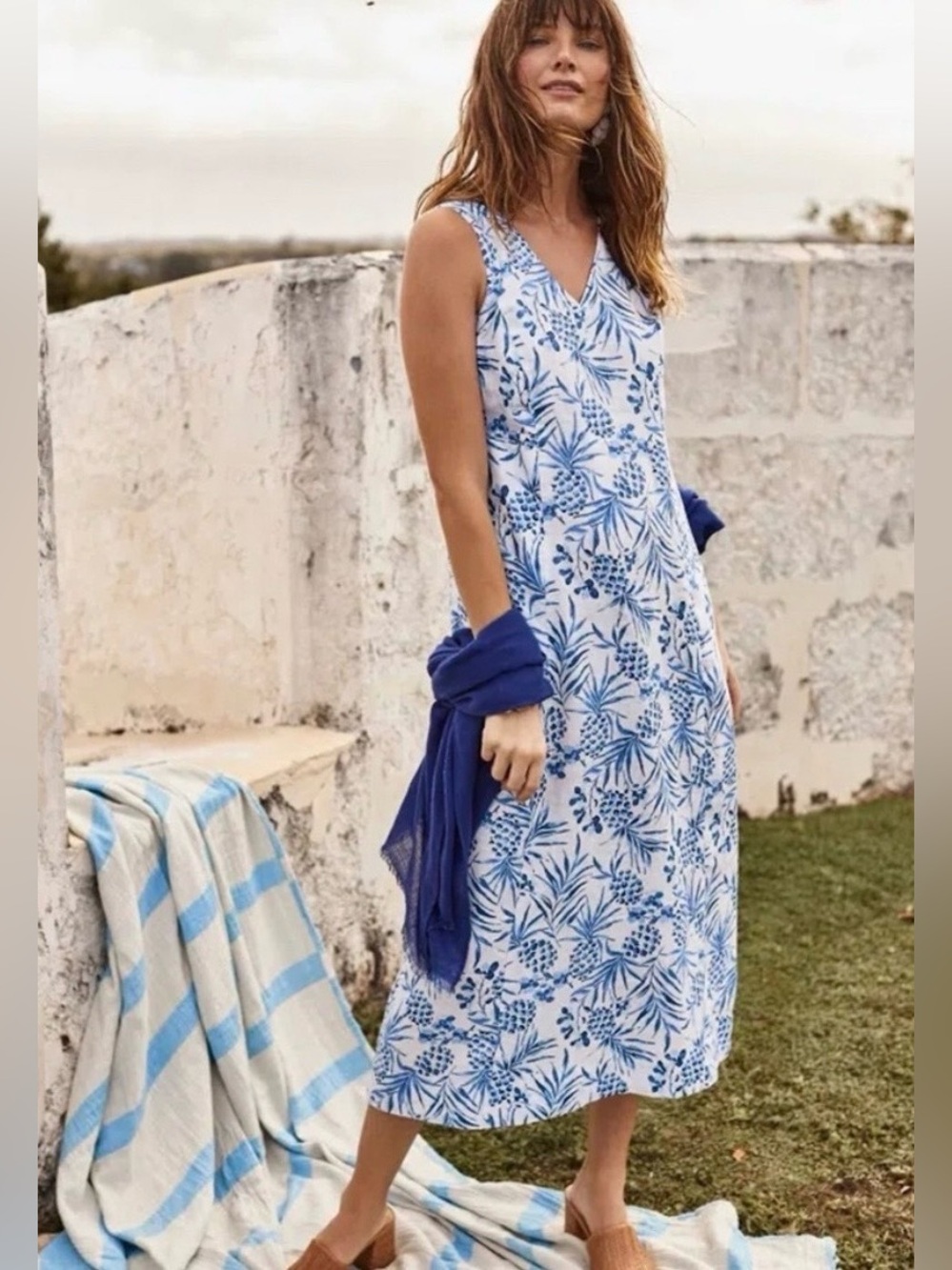 J. Jill Love Linen Pineapple White Blue Slit Midi Dress Women’s Size XL Coastal